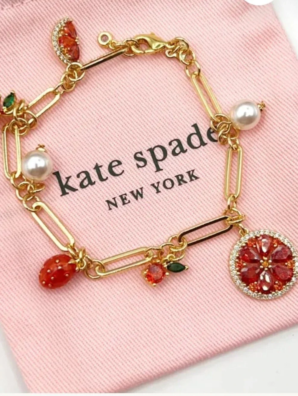 Kate Spade Gold Chain Linked grapefruit and strawberry bracelet Charm Bracelet - Picture 3 of 7